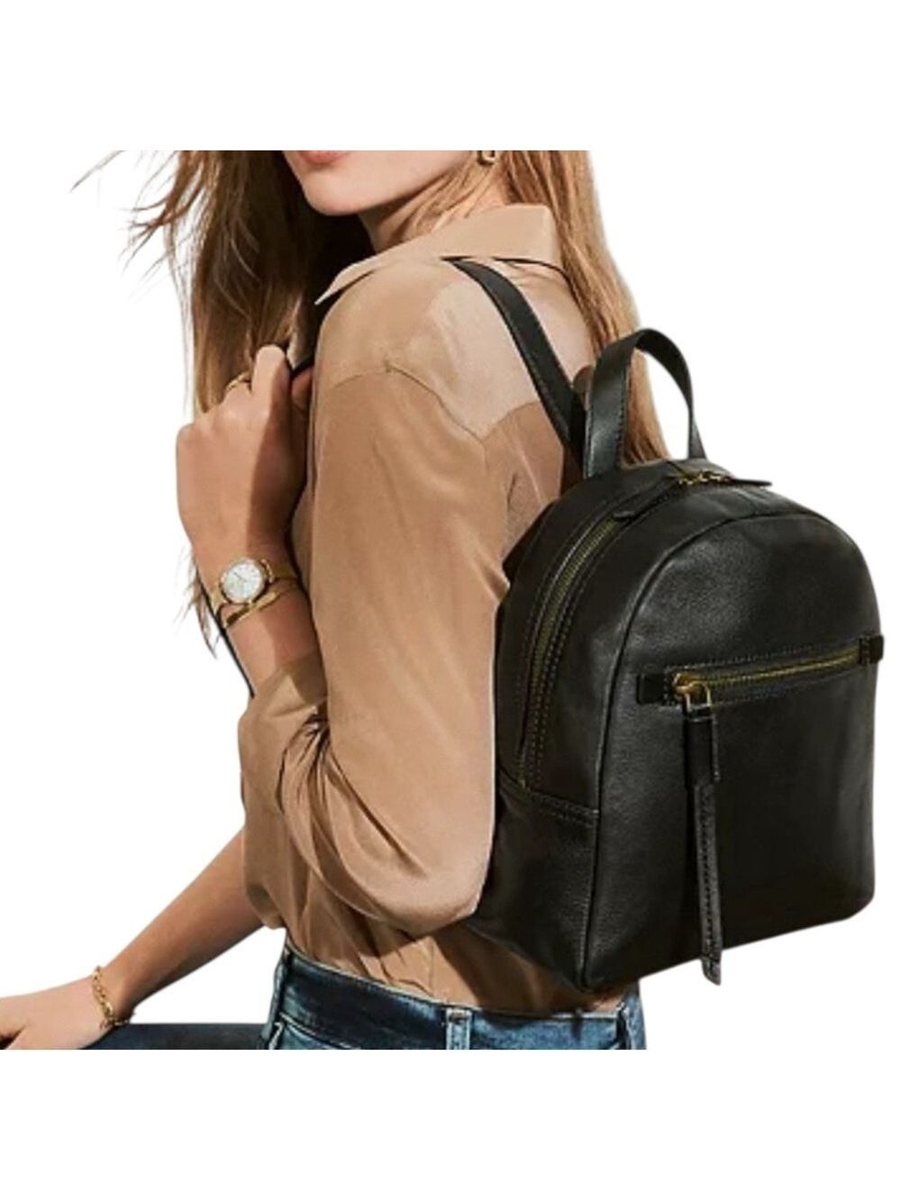 Fossil Black Leather Backpack Mini Gold Accents